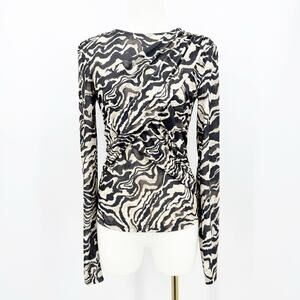 H&M Zebra Print Mesh Ruched Draped Front Top Sheer Long Sleeve Y2K S Mob Wife